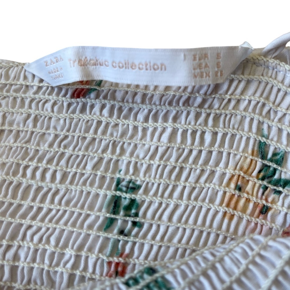 Zara Trafaluc Smocked Ruffle Crop Top White Floral Spaghetti Strap - Size S - Picture 6 of 9